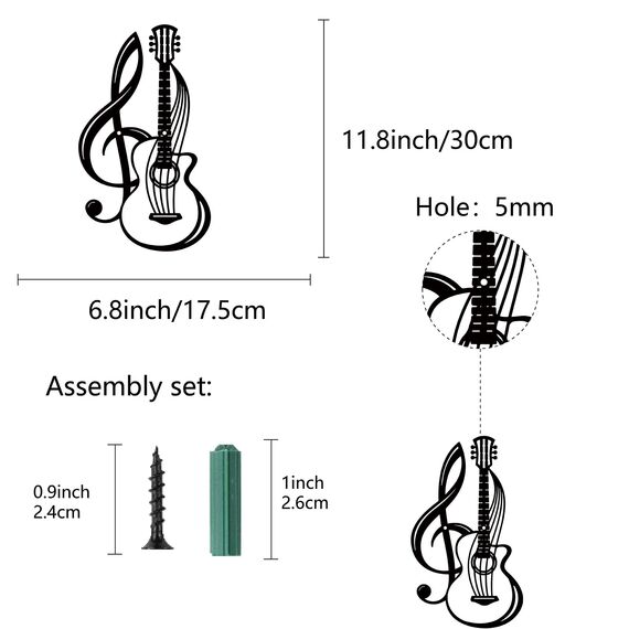 CREATCABIN Metall-Wandkunst Dekor Musikinstrumente Schwarze Wandschilder Gitarre Eisen Hängende Metallornament-Skulptur Für Balkon Garten Zuhause Wohnzimmer Innenbereich Geschenke 30x17.5cm