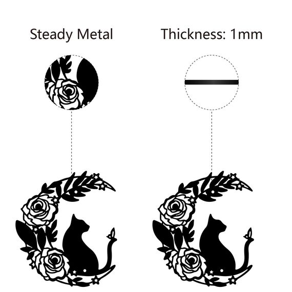 CREATCABIN Katze Metall Wandkunst Dekor Eisen Wandkunst Schwarzer Mond Hohle Katze Rose Skulptur Wandbehang Silhouette Dekor Rustikales Katzenwanddekor Schild Für Drinnen Draußen Zuhause 18x18cm