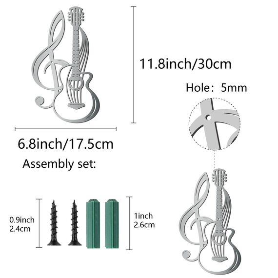 CREATCABIN Gitarren-Wanddekoration Metall, Silberne Musik, Metall-Wandkunst, Hängendes Ornament, Musiknote Eisen, Skulptur, Wanddekoration Für Modernes Bauernhaus, Rustikales Zuhause, 30x17.5cm