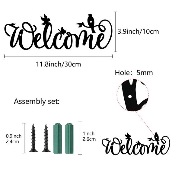 CREATCABIN Willkommen Metall-Wanddekoration,Schwarze Worte,Wandbehang,Dekor,Eisen-Wandkunst,Ausschnitt,Silhouette,Vögel Auf Zweigen,Skulptur,Dekoration,Schild,Ornament Für Yoga,Garten,Balkon,30x10cm