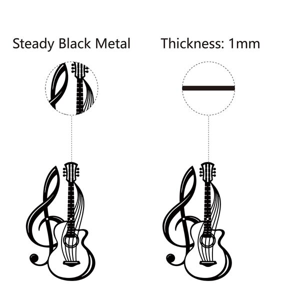 CREATCABIN Metall-Wandkunst Dekor Musikinstrumente Schwarze Wandschilder Gitarre Eisen Hängende Metallornament-Skulptur Für Balkon Garten Zuhause Wohnzimmer Innenbereich Geschenke 30x17.5cm