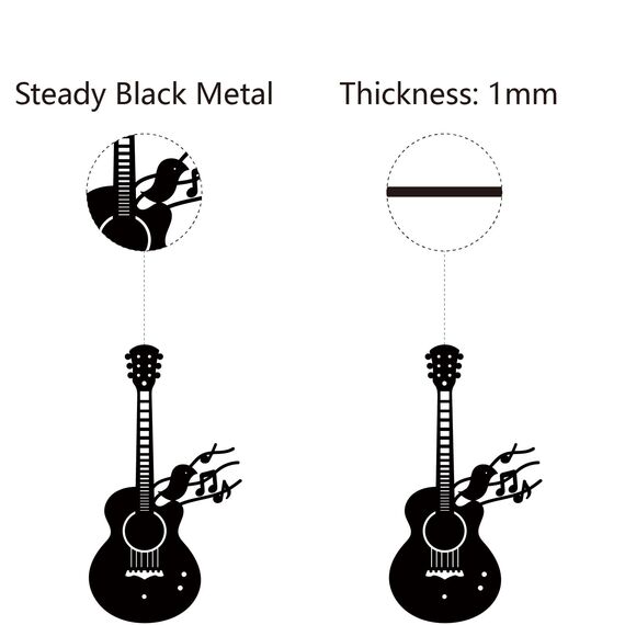 CREATCABIN Gitarrenvogel,Metall-Wandkunst,Eisen,Musik-Wanddekoration,Schwarze Musikinstrumente,Skulpturen,Silhouette,Ausgehöhlte Gitarre,Wandbehangschild Für Schlafzimmer,Zuhause,Büro,Küche,30x16.5cm