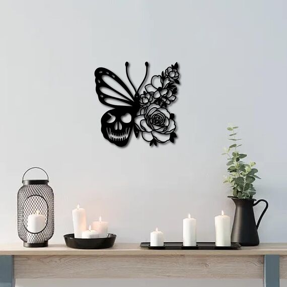 CREATCABIN Totenkopf-Metall-Wandkunst Dekor Schmetterling Blume Schwarze Wandschilder Hängende Metallornament-Skulptur Für Terrasse Balkon Zuhause Wohnzimmer Küche Dekoration Draußen Geschenk 30x30cm