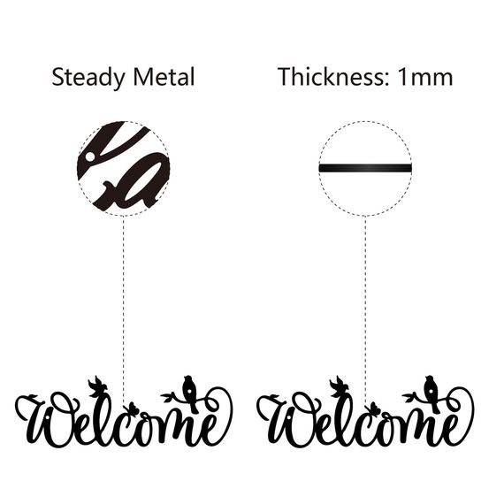 CREATCABIN Willkommen Metall-Wanddekoration,Schwarze Worte,Wandbehang,Dekor,Eisen-Wandkunst,Ausschnitt,Silhouette,Vögel Auf Zweigen,Skulptur,Dekoration,Schild,Ornament Für Yoga,Garten,Balkon,30x10cm