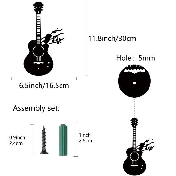 CREATCABIN Gitarrenvogel,Metall-Wandkunst,Eisen,Musik-Wanddekoration,Schwarze Musikinstrumente,Skulpturen,Silhouette,Ausgehöhlte Gitarre,Wandbehangschild Für Schlafzimmer,Zuhause,Büro,Küche,30x16.5cm