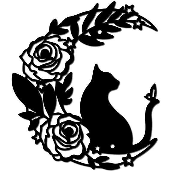 CREATCABIN Katze Metall Wandkunst Dekor Eisen Wandkunst Schwarzer Mond Hohle Katze Rose Skulptur Wandbehang Silhouette Dekor Rustikales Katzenwanddekor Schild Für Drinnen Draußen Zuhause 18x18cm