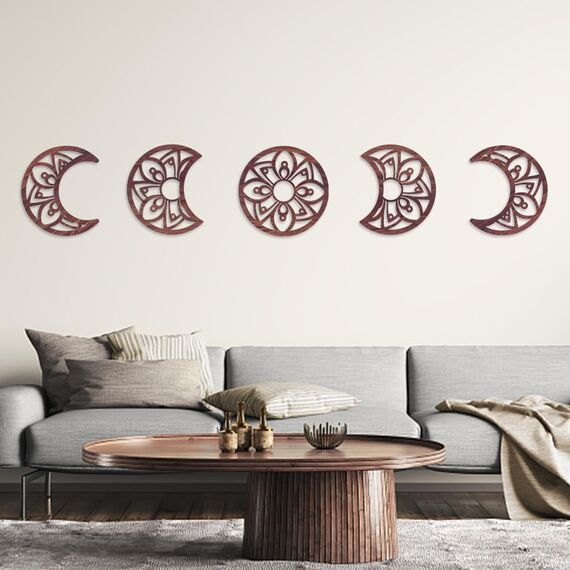 AHANDMAKER 5 Stück Mondphasen-Wanddekoration, Holzmondphase, böhmische Wandkunst Dekor für Wohnzimmer, Blumen-Mondphasen-Wandbehang, Schlafzimmer-Dekor, Heimwanddekoration, mit Blumenmuster,