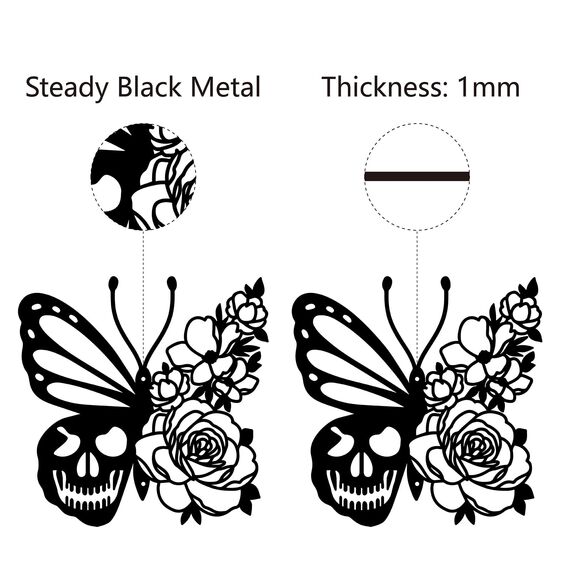 CREATCABIN Totenkopf-Metall-Wandkunst Dekor Schmetterling Blume Schwarze Wandschilder Hängende Metallornament-Skulptur Für Terrasse Balkon Zuhause Wohnzimmer Küche Dekoration Draußen Geschenk 30x30cm