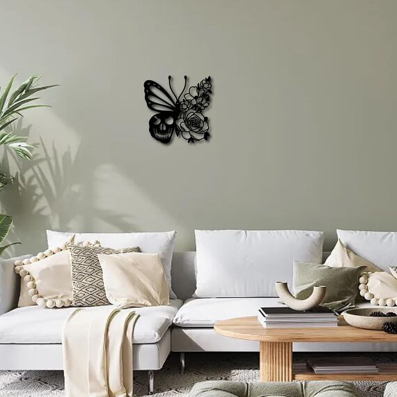 CREATCABIN Totenkopf-Metall-Wandkunst Dekor Schmetterling Blume Schwarze Wandschilder Hängende Metallornament-Skulptur Für Terrasse Balkon Zuhause Wohnzimmer Küche Dekoration Draußen Geschenk 30x30cm