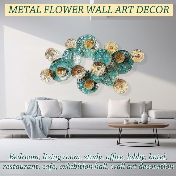 edaknez Große Metall-Wanddekoration für Wohnzimmer, Metallblumen-Wandkunst, 3D-gestapelte Blätter, Wandkunst, nautische Küste, Außen- und Innenbereich, Wanddekoration (B 119,4 x 68,6 cm)