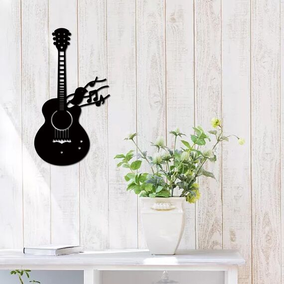 CREATCABIN Gitarrenvogel,Metall-Wandkunst,Eisen,Musik-Wanddekoration,Schwarze Musikinstrumente,Skulpturen,Silhouette,Ausgehöhlte Gitarre,Wandbehangschild Für Schlafzimmer,Zuhause,Büro,Küche,30x16.5cm