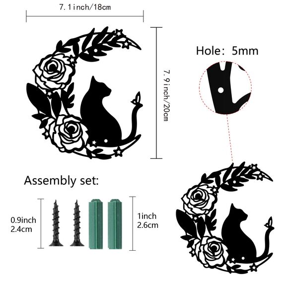 CREATCABIN Katze Metall Wandkunst Dekor Eisen Wandkunst Schwarzer Mond Hohle Katze Rose Skulptur Wandbehang Silhouette Dekor Rustikales Katzenwanddekor Schild Für Drinnen Draußen Zuhause 18x18cm