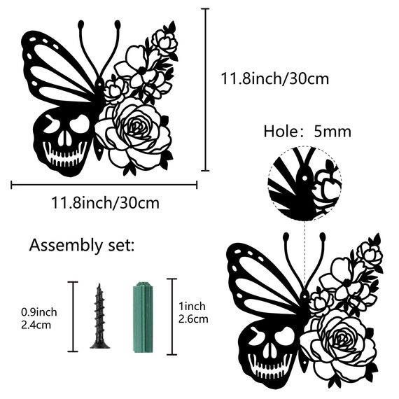 CREATCABIN Totenkopf-Metall-Wandkunst Dekor Schmetterling Blume Schwarze Wandschilder Hängende Metallornament-Skulptur Für Terrasse Balkon Zuhause Wohnzimmer Küche Dekoration Draußen Geschenk 30x30cm