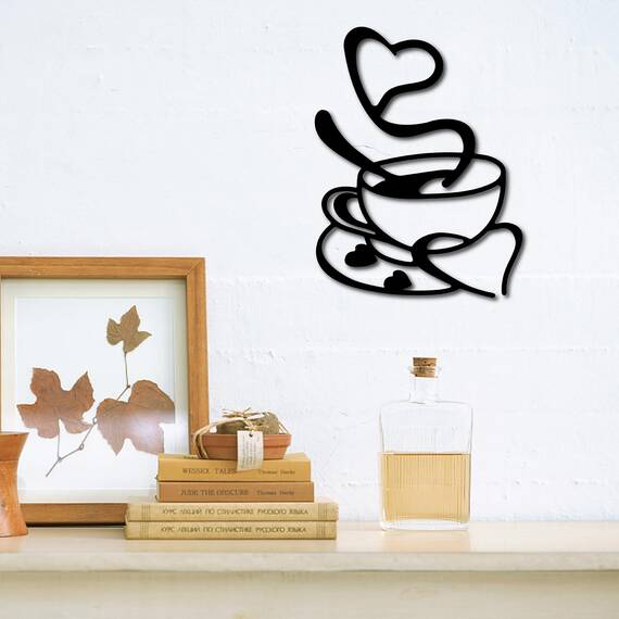 CREATCABIN Kaffeetasse Aus Holz,Wandkunst,Dekor,Holzschild,Lasergeschnittene Lindenholz-Silhouette,Dekorative Hängeskulptur Für Café,Restaurants,Küche,Zuhause,Wand,Bauernhaus,Geschenke,Schwarz,30x23cm