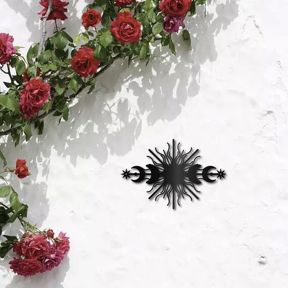 CREATCABIN Sun Metal Wall Art Decor Iron Wall Art Phase Moon Black Hollow Sculpture Hanging Decor Rustic Wall Sign Decoration for Indoor Outside Living Room Home Office Hotel Balcony 11.8 x 7.9Inch
