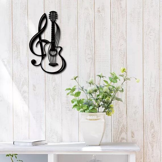 CREATCABIN Metall-Wandkunst Dekor Musikinstrumente Schwarze Wandschilder Gitarre Eisen Hängende Metallornament-Skulptur Für Balkon Garten Zuhause Wohnzimmer Innenbereich Geschenke 30x17.5cm