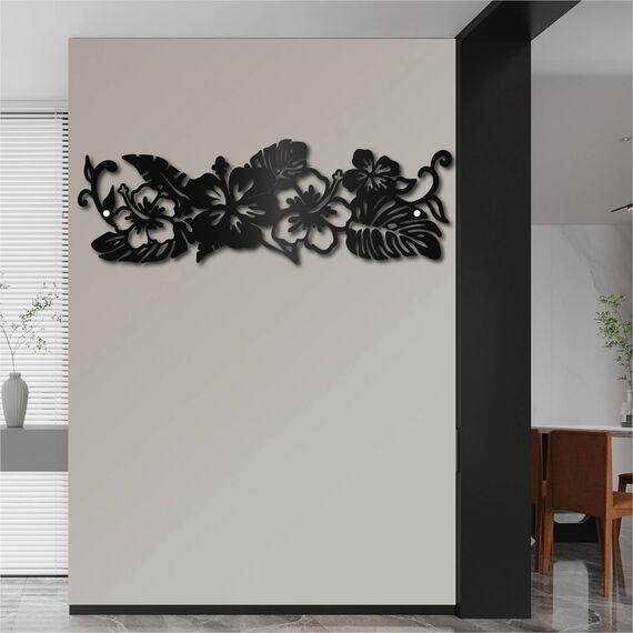 CREATCABIN Monstera Metall-Wandkunst-Dekor,Tropische Blumen,Schwarze Wandschilder,Eisen-Hänge-Metallornament,Wandskulptur,Geschenk Für Zuhause,Büro,Garten,Wohnzimmer,Dekoration,Weihnachten,30x10cm