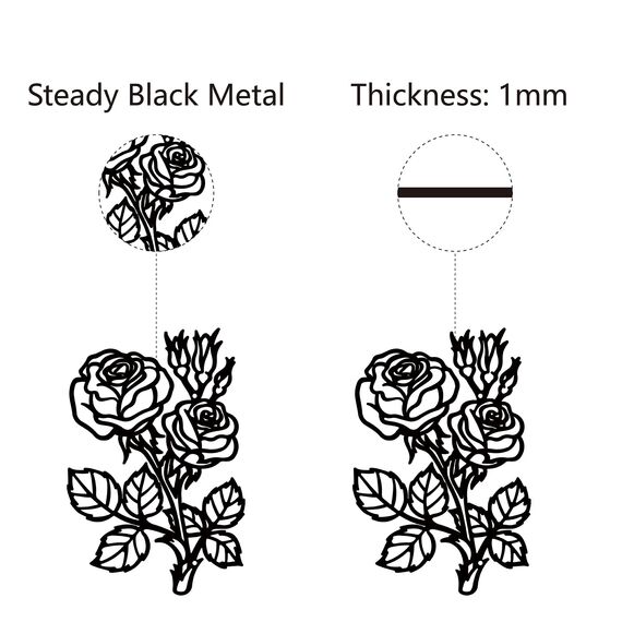 CREATCABIN Metall-Wandkunst Dekor Rose Blume Schwarze Wandschilder Eisen Hängende Metallornament-Skulptur Für Balkon Garten Zuhause Wohnzimmer Dekoration Innenbereich Küche Büro Geschenke 30.6x20cm