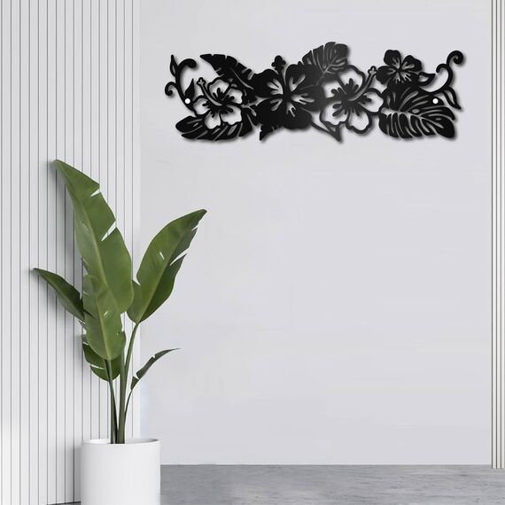CREATCABIN Monstera Metall-Wandkunst-Dekor,Tropische Blumen,Schwarze Wandschilder,Eisen-Hänge-Metallornament,Wandskulptur,Geschenk Für Zuhause,Büro,Garten,Wohnzimmer,Dekoration,Weihnachten,30x10cm