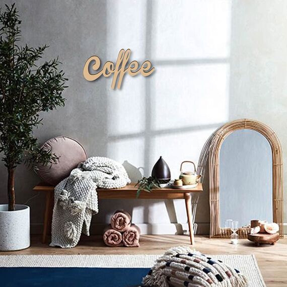 CREATCABIN Laser Cut Holzschild Wandkunst Kaffee Brief Zeichen Dekorative Wandskulptur Hängende Dekor Unvollendet Für Einweihungstür Wand Raumdekoration 25 x 14 x 0.6cm