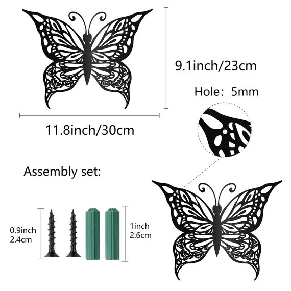 CREATCABIN Schmetterling Metall Wandkunst Dekor Blumen Schwarz Wandschilder Eisen Hängende Metallverzierung Wandskulptur Geschenk Für Zuhause Balkon Garten Wohnzimmer Dekoration Weihnachten 30x23cm