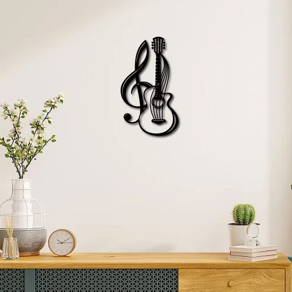 CREATCABIN Metall-Wandkunst Dekor Musikinstrumente Schwarze Wandschilder Gitarre Eisen Hängende Metallornament-Skulptur Für Balkon Garten Zuhause Wohnzimmer Innenbereich Geschenke 30x17.5cm