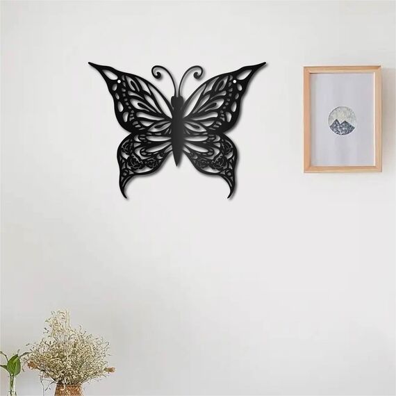 CREATCABIN Schmetterling Metall Wandkunst Dekor Blumen Schwarz Wandschilder Eisen Hängende Metallverzierung Wandskulptur Geschenk Für Zuhause Balkon Garten Wohnzimmer Dekoration Weihnachten 30x23cm