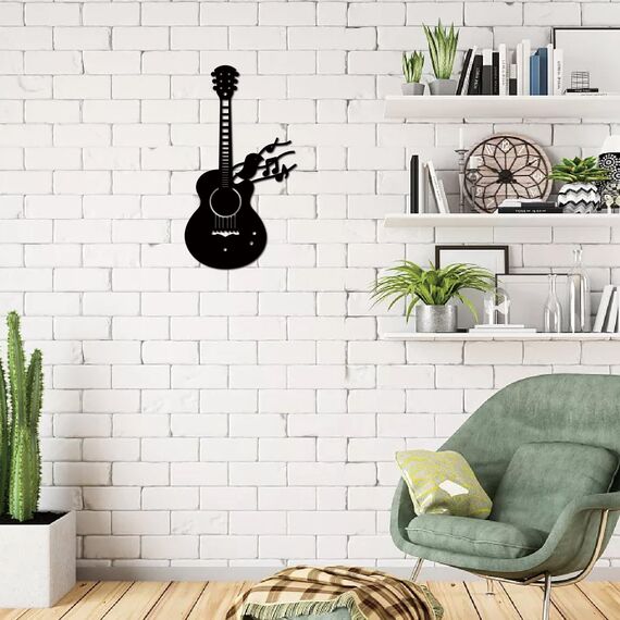 CREATCABIN Gitarrenvogel,Metall-Wandkunst,Eisen,Musik-Wanddekoration,Schwarze Musikinstrumente,Skulpturen,Silhouette,Ausgehöhlte Gitarre,Wandbehangschild Für Schlafzimmer,Zuhause,Büro,Küche,30x16.5cm