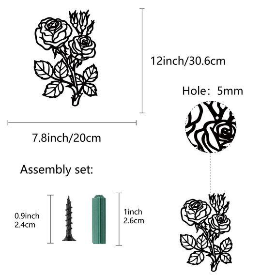 CREATCABIN Metall-Wandkunst Dekor Rose Blume Schwarze Wandschilder Eisen Hängende Metallornament-Skulptur Für Balkon Garten Zuhause Wohnzimmer Dekoration Innenbereich Küche Büro Geschenke 30.6x20cm