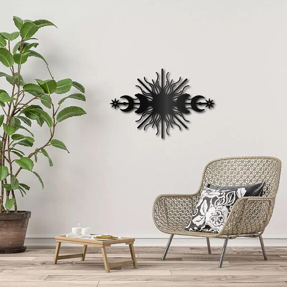 CREATCABIN Sun Metal Wall Art Decor Iron Wall Art Phase Moon Black Hollow Sculpture Hanging Decor Rustic Wall Sign Decoration for Indoor Outside Living Room Home Office Hotel Balcony 11.8 x 7.9Inch