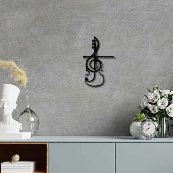 CREATCABIN Musiknoten Metall-Wandkunst Dekor Musikinstrumente Schwarze Wandschilder Gitarre Eisen Hängende Metallornament Skulptur Für Balkon Zuhause Wohnzimmer Dekoration Outdoor-Geschenke 30x19.5cm