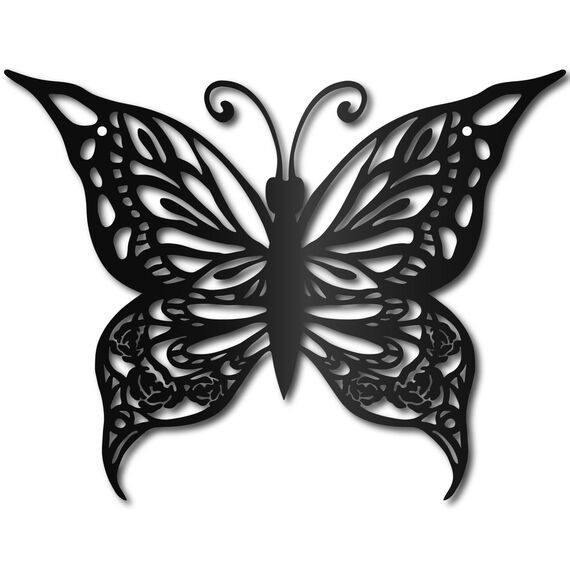 CREATCABIN Schmetterling Metall Wandkunst Dekor Blumen Schwarz Wandschilder Eisen Hängende Metallverzierung Wandskulptur Geschenk Für Zuhause Balkon Garten Wohnzimmer Dekoration Weihnachten 30x23cm