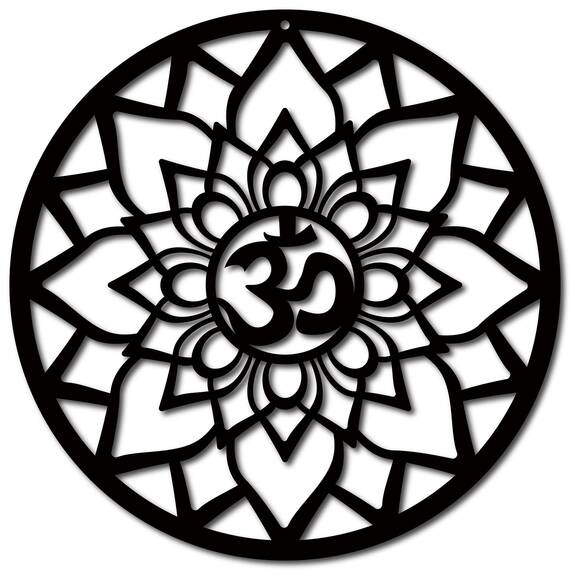 CREATCABIN Om Aum Lotus Holz-Wanddekoration Lasergeschnittenes Holzschild Kunst Kristallgitter Heilige Spirituelles Symbol Rund Linde Dekorativ Aufhängen Für Tür Yoga Studio Zuhause Schwarz 30x30cm