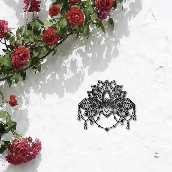 CREATCABIN Lotus Metall-Wandkunst-Dekor,Schwarze Blume,Wandbehang,Dekor,Eisendraht,Wandkunst,Silhouette,Skulptur,Dekoration,Schild,Ausgehöhlt,Minimalistisches Blumenornament Für Garten,Zuhause,26x23cm