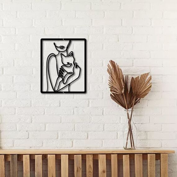 CREATCABIN Katze Metall Wandkunst Dekor Mensch Schwarz Wandschilder Eisen Hängende Metallornament Skulptur Für Balkon Garten Zuhause Wohnzimmer Dekoration Outdoor Indoor Küche Büro Geschenke 30x25cm
