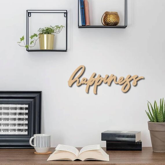 CREATCABIN Happiness Holzhandwerk,Wortausschnitt,Holzschild,Laser-Holzschild,Ornamente,Kunst,Hängendes Wortschild,Rustikale Wanddekoration,Unvollendete Ausschnitte,Holzdekoration Für Zuhause,30x11.2cm