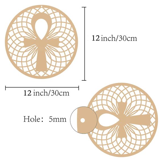 CREATCABIN 12inch Antikes Ankh Ägyptische Kreuz Holzwandkunst Kristallgitter Heilige Laser Cut Wandskulptur Hängendes Dekor Spirituelles Symbol Flache Runde Für Home Office Yoga Studio Dekoration