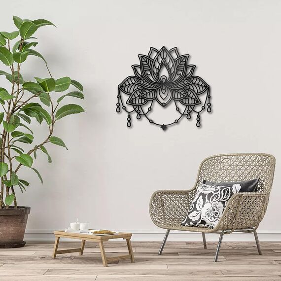 CREATCABIN Lotus Metall-Wandkunst-Dekor,Schwarze Blume,Wandbehang,Dekor,Eisendraht,Wandkunst,Silhouette,Skulptur,Dekoration,Schild,Ausgehöhlt,Minimalistisches Blumenornament Für Garten,Zuhause,26x23cm