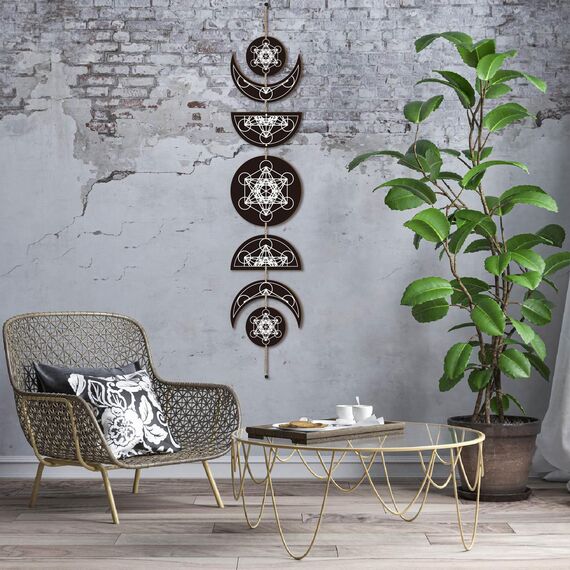 CREATCABIN 7 Stück Mondphasen-Wandbehang Boho-Dekor Holzwandkunst Hexendekor Rustikales Schwarzes Holz Bauernhausschild Dekorativ Für Schlafzimmer Yoga Apartment Bar Wohnzimmer 72.5x16cm Geometrisch