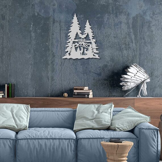 CREATCABIN Metall-Wandkunst Hirsch Kiefernbaum Wanddekoration Bergwald Eisen-Wandschilder Hängende Metallornament-Skulptur Für Balkon Garten Zuhause Wohnzimmer Dekoration 30x25cm