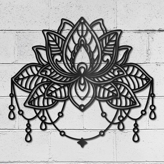 CREATCABIN Lotus Metall-Wandkunst-Dekor,Schwarze Blume,Wandbehang,Dekor,Eisendraht,Wandkunst,Silhouette,Skulptur,Dekoration,Schild,Ausgehöhlt,Minimalistisches Blumenornament Für Garten,Zuhause,26x23cm