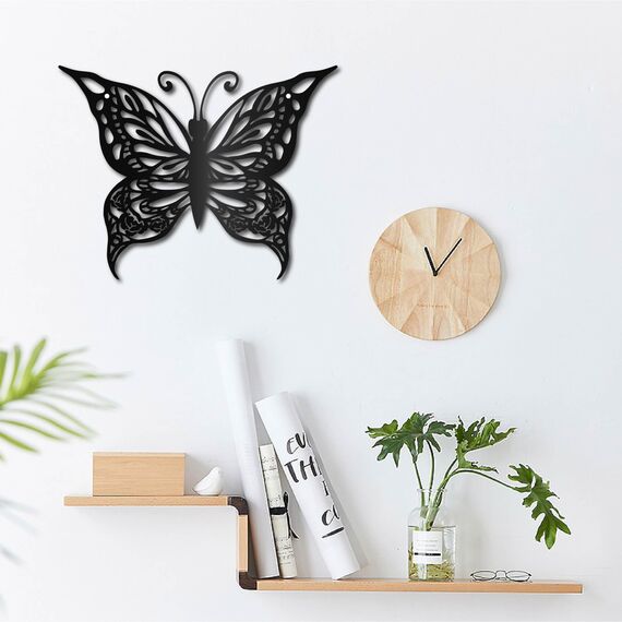 CREATCABIN Schmetterling Metall Wandkunst Dekor Blumen Schwarz Wandschilder Eisen Hängende Metallverzierung Wandskulptur Geschenk Für Zuhause Balkon Garten Wohnzimmer Dekoration Weihnachten 30x23cm