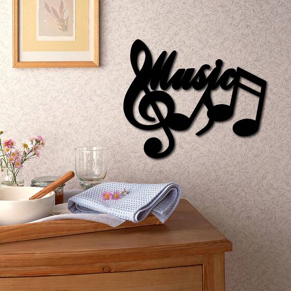 CREATCABIN Musiknote Aus Holz,Wandkunst,Dekor,Holzschild,Lasergeschnittene Lindenholz-Silhouette,Dekorative Hängeskulptur Für Musikstudio,Kaffeebar,Zuhause,Wand,Tür,Geschenk,Schwarz,30x25cm