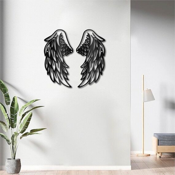CREATCABIN 2 Stück Engelsflügel,Metall-Wandkunst,Dekor,Schwarze Wandschilder,Weihnachtsdekoration Aus Eisen,Zum Aufhängen,Wandskulptur Für Balkon,Garten,Zuhause,Büro,Wohnzimmer,Dekoration,30x15cm