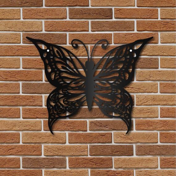 CREATCABIN Schmetterling Metall Wandkunst Dekor Blumen Schwarz Wandschilder Eisen Hängende Metallverzierung Wandskulptur Geschenk Für Zuhause Balkon Garten Wohnzimmer Dekoration Weihnachten 30x23cm