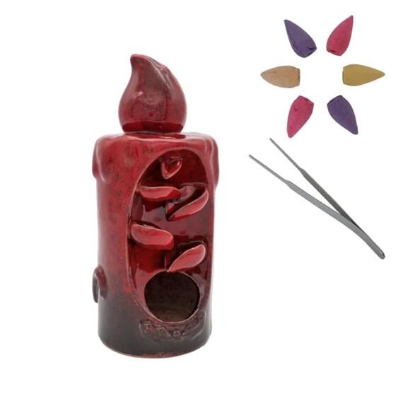 IMAGO Rückfluss Räuchergefäß Halter inkl. 25 Räucherkegel - Wasserfall Keramik Brunnen Aromatherapie Ornament Lotus Räucherstäbchenhalter Reflux (Kerze rot)
