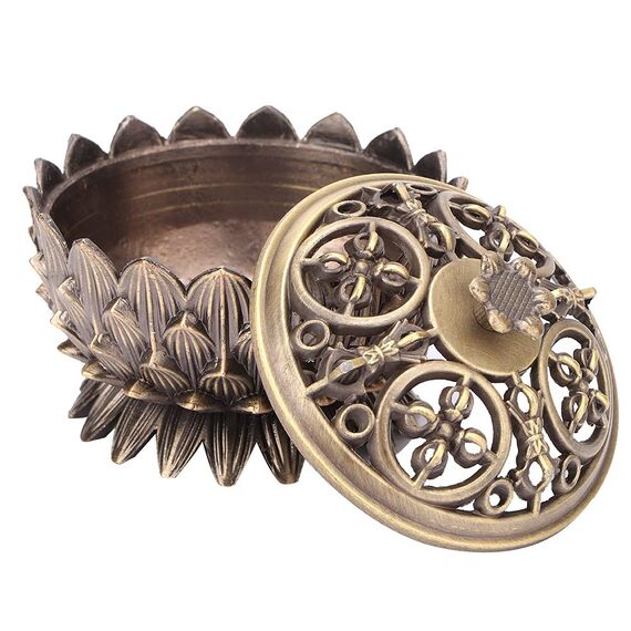 Lotus Räuchergefäß mit Deckel, 7 × 5cm Mini Hollow Räucherschale Räuchergefäß Vintage Weihrauchbehälter, Räucherstäbchenhalter für Zuhause BüroTeehaus Dekoration(Bronze)