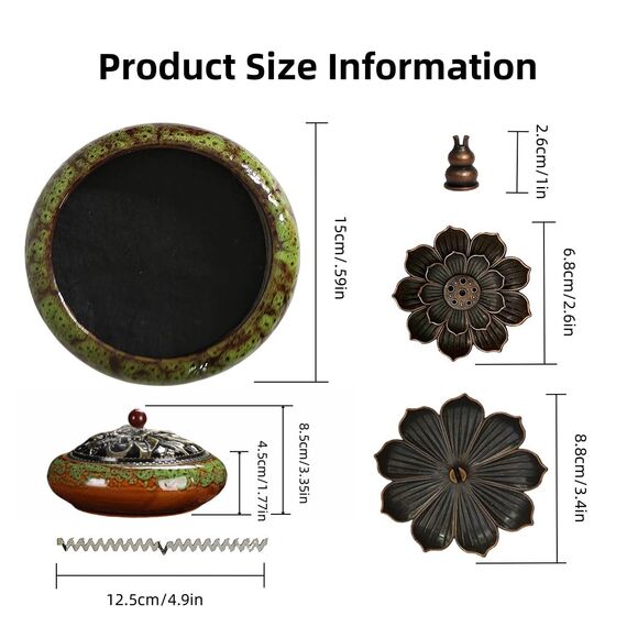 KOPYFANTAP Räucherstäbchen Halter Lotus, Keramik Räuchergefäß mit Messing Kalebassen Räucherstäbchenhalter, Einfach Asche zu Sammeln und Reinigen, Grün