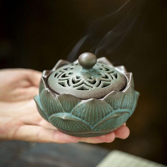 zhongguoqiaomao Räuchergefäß Lotus Keramik Weihrauchbrenner Weihrauchbehälter Räucherschälchen Räucherschale mit Deckel Räucherkegel Kupfergefäß Mini Aromatherapie Halter für Zuhause