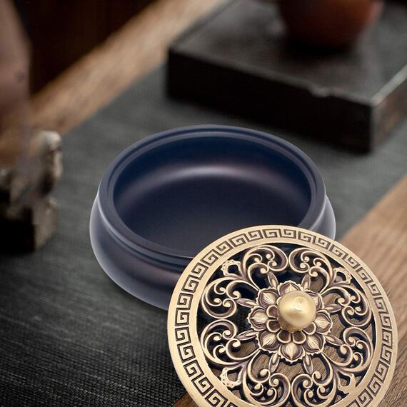 Vusddy Messing Räucherschale mit Deckel - Weihrauchbrenner Vintage Handgefertigter - Räuchergefäß Lotus Incense Burner für Weihrauch, Meditation, Entspannung und Zuhause Dekoration
